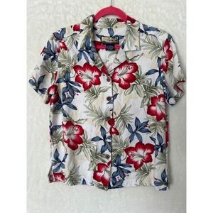 Havana Jacks Cafe Womens Small White Red Floral‎ Rayon Tropical Hibiscus Shirt